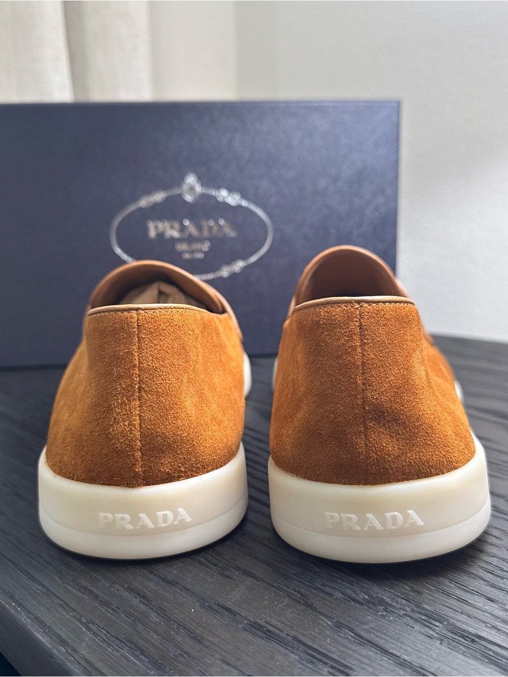 Prada Men's St. Tropez Suede Loafers Cognac 13 - Picture 6 of 7